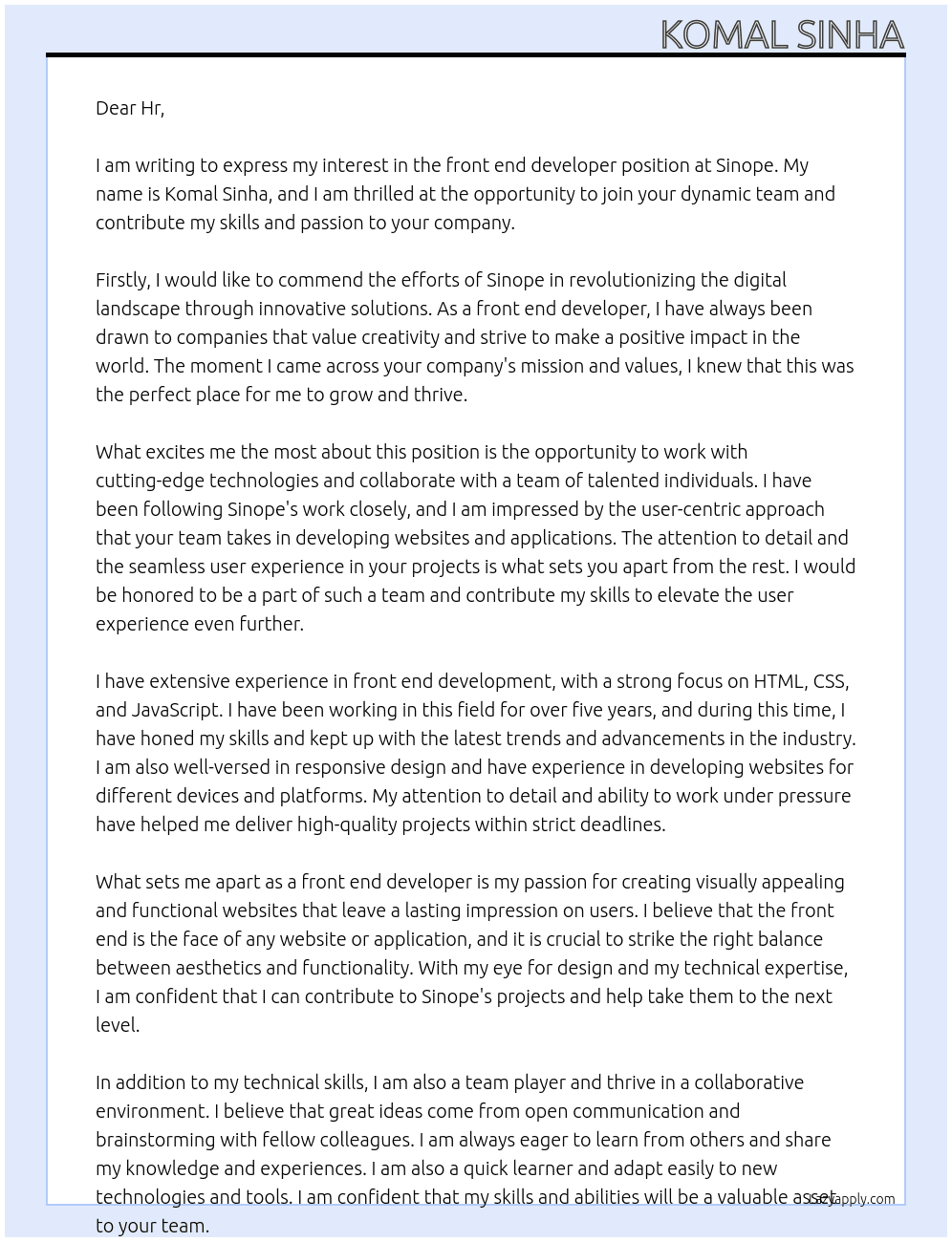 front end developer At Sinope Cover Letter
