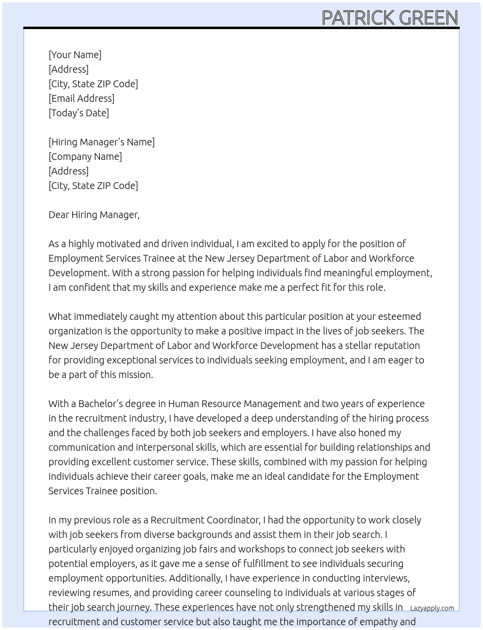 Employment Services Trainee At New Jersery Department of Labor and Workforce Development Cover Letter