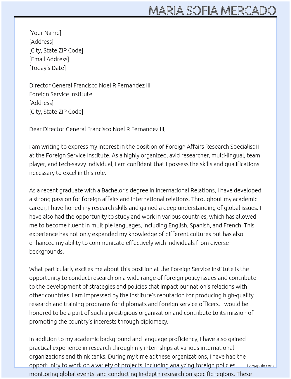 Foreign Affairs Research Specialist II At Foreign Service Institute  Cover Letter