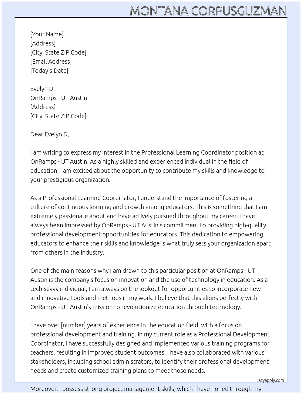 Professional Learning Coordinator At OnRamps - UT Austin Cover Letter
