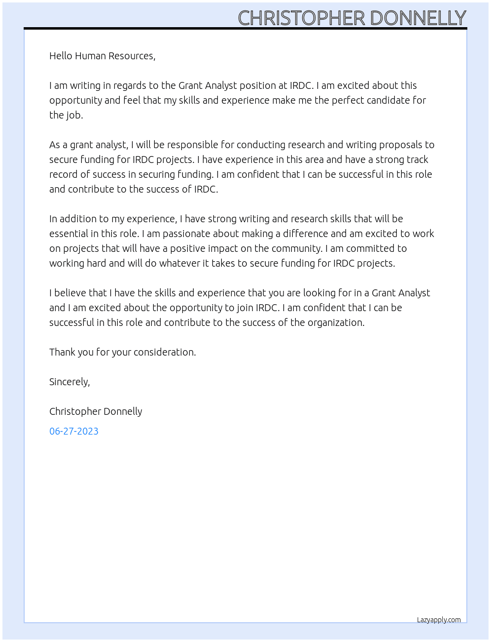 Grant Analyst At IRDC Cover Letter