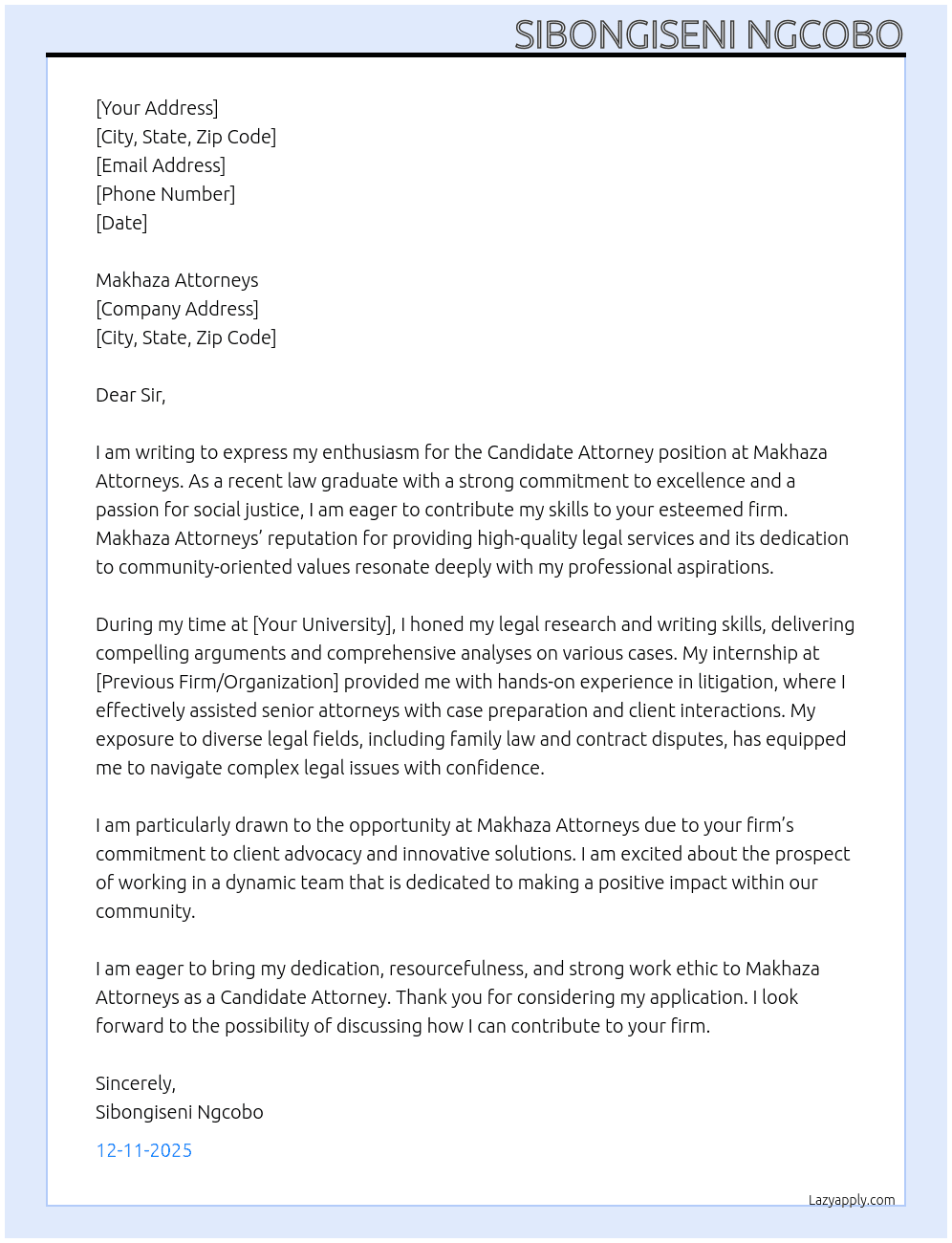 Candidate Attorney  At Makhaza Attorneys  Cover Letter