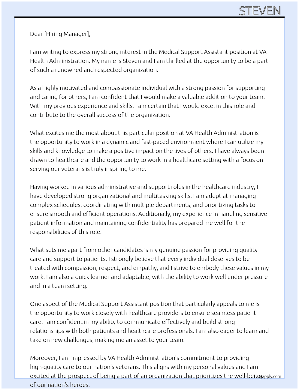 Medical Support Assistant position At VA Health Administration Cover Letter
