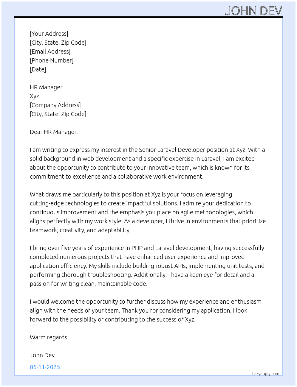 Senior Laravel Developer At Xyz Cover Letter