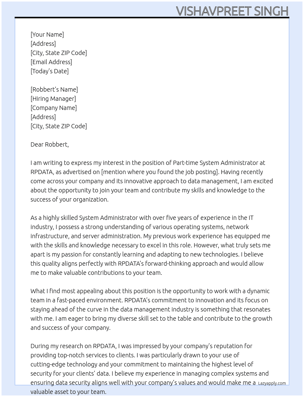 Part time system administrator At RPDATA Cover Letter