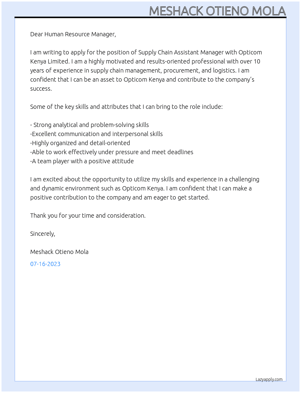 Supply Chain Assistant Manager At Opticom Kenya Limited Cover Letter
