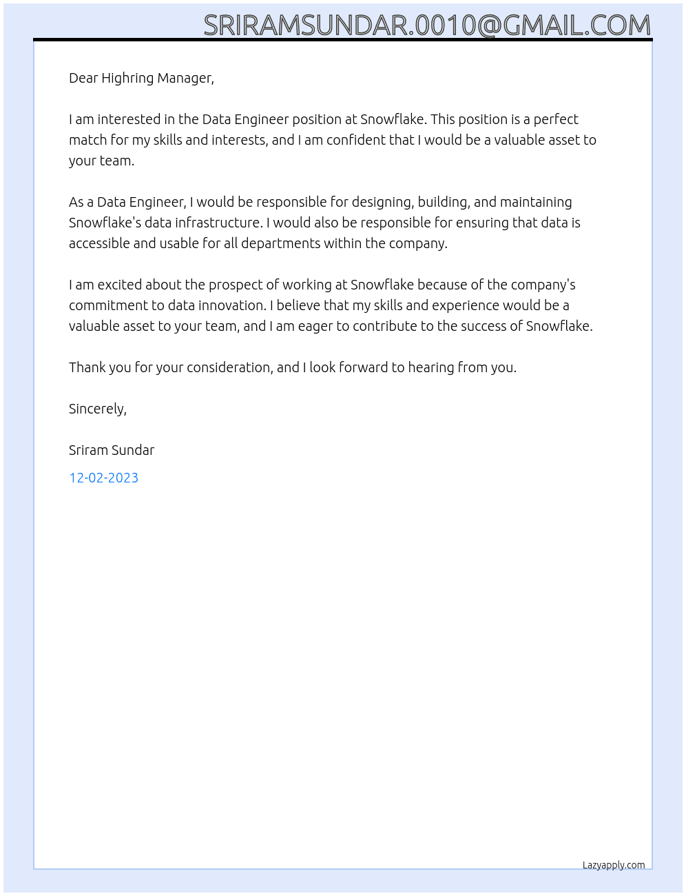 Data Engineer At Snowflake Cover Letter