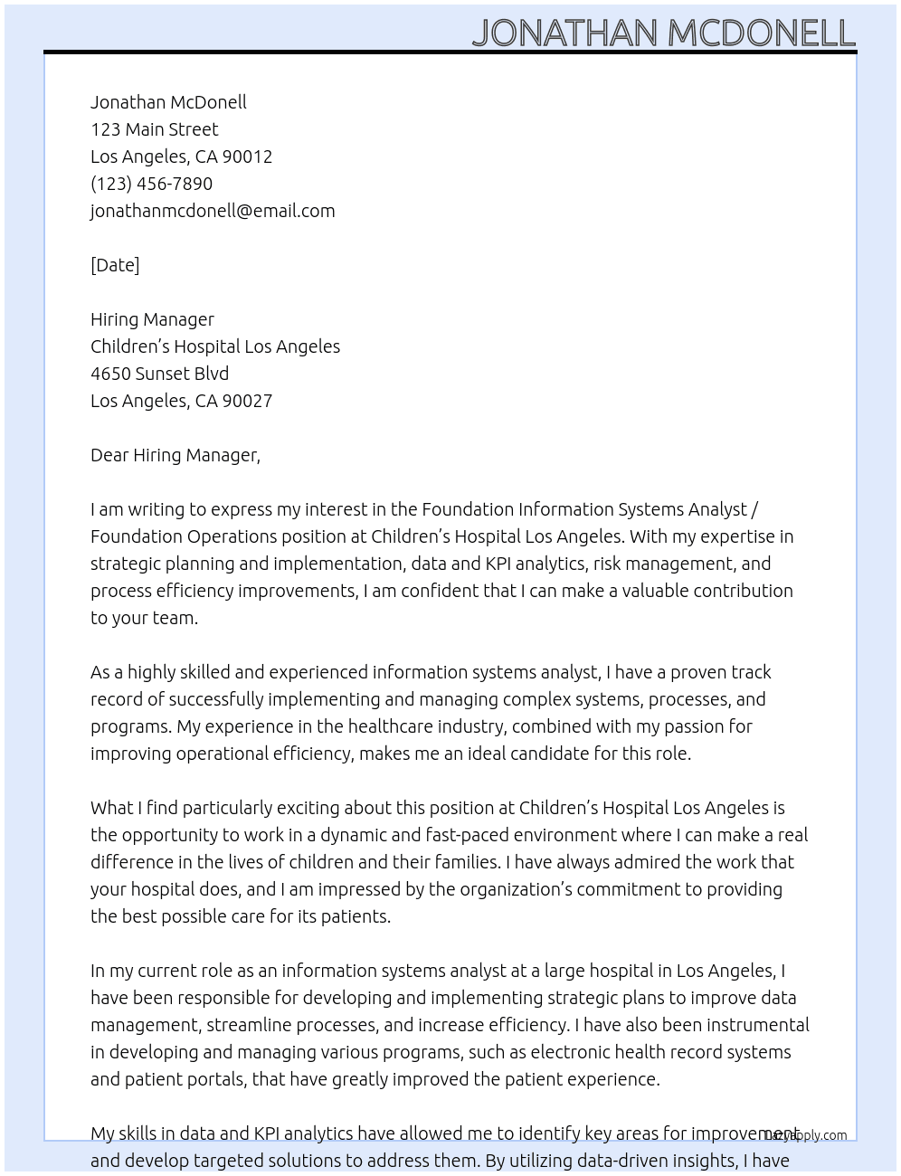 Foundation Information Systems Analyst / Foundation Operations At Children’s Hospital Los Angeles Cover Letter