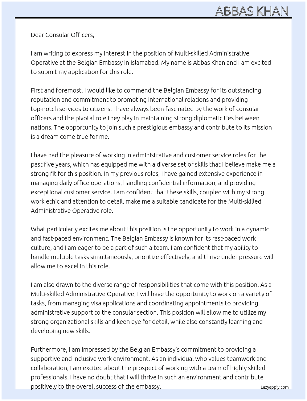 Multi-skilled administrative operatives At Belgian Embassy in Islamabad Cover Letter