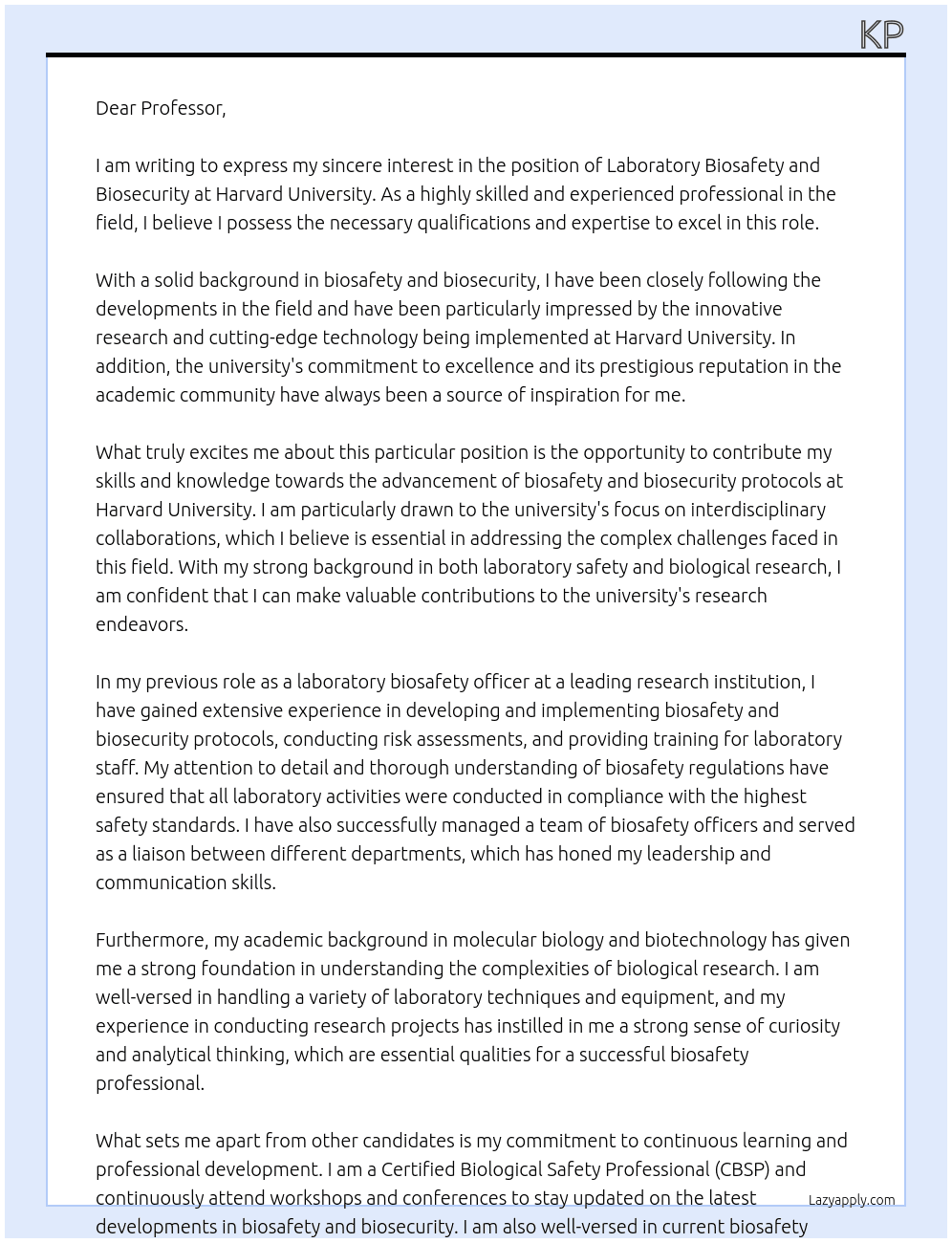 Laboratory Biosafety and Biosecurity At Harvard University Cover Letter