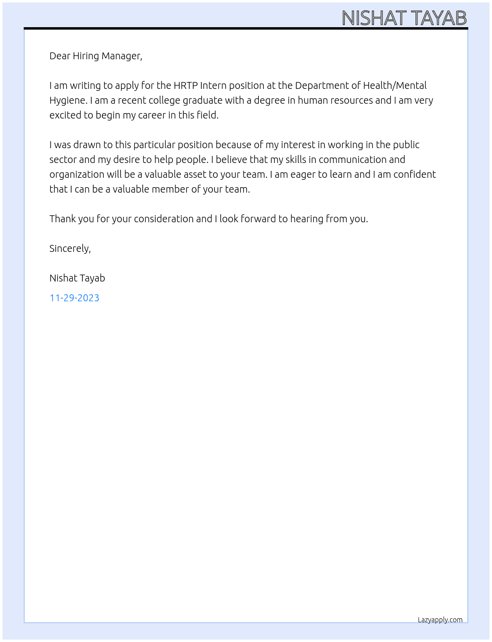 HRTP Intern At DEPT OF HEALTH/MENTAL HYGIENE Cover Letter