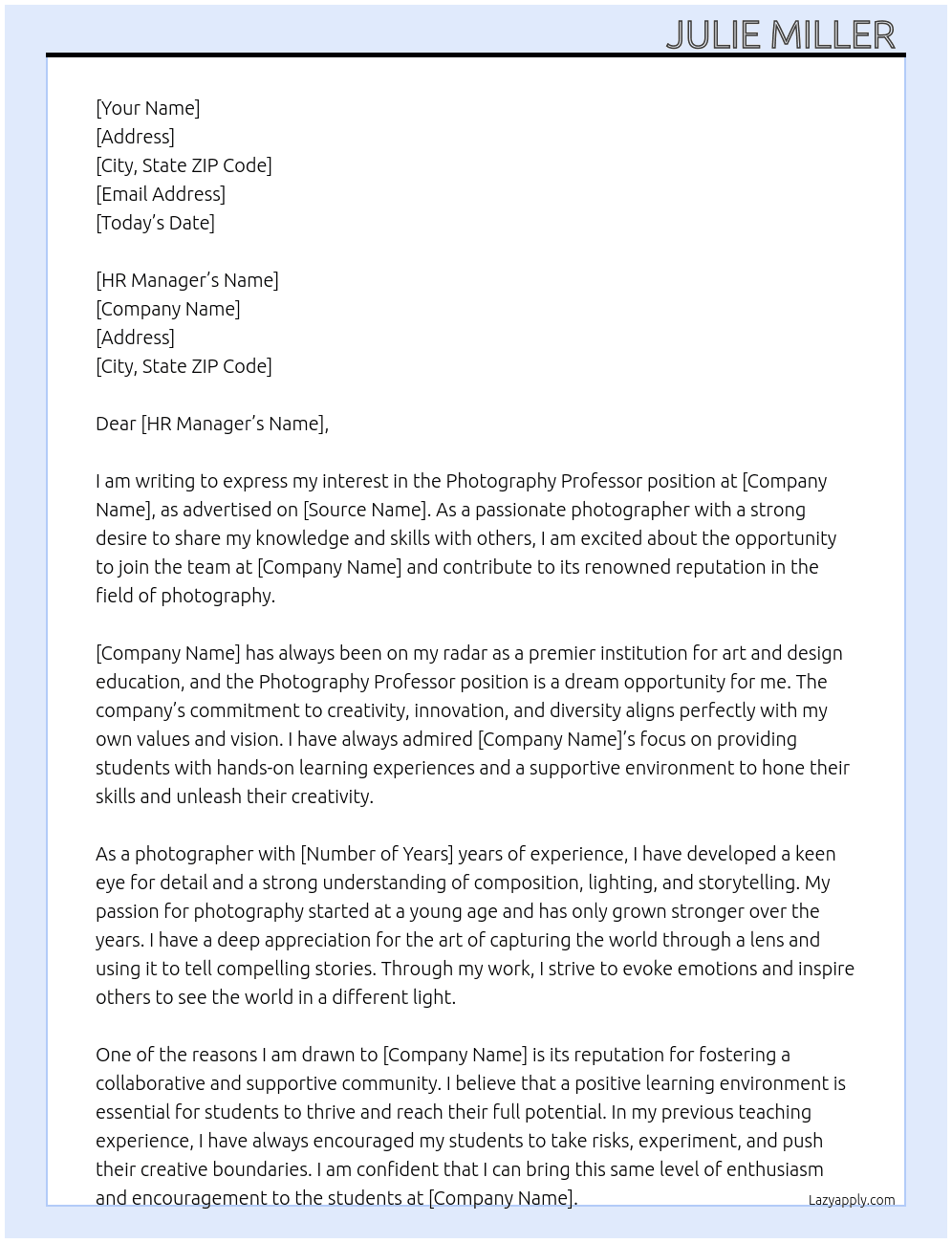 Photography Professor At SCAD Cover Letter