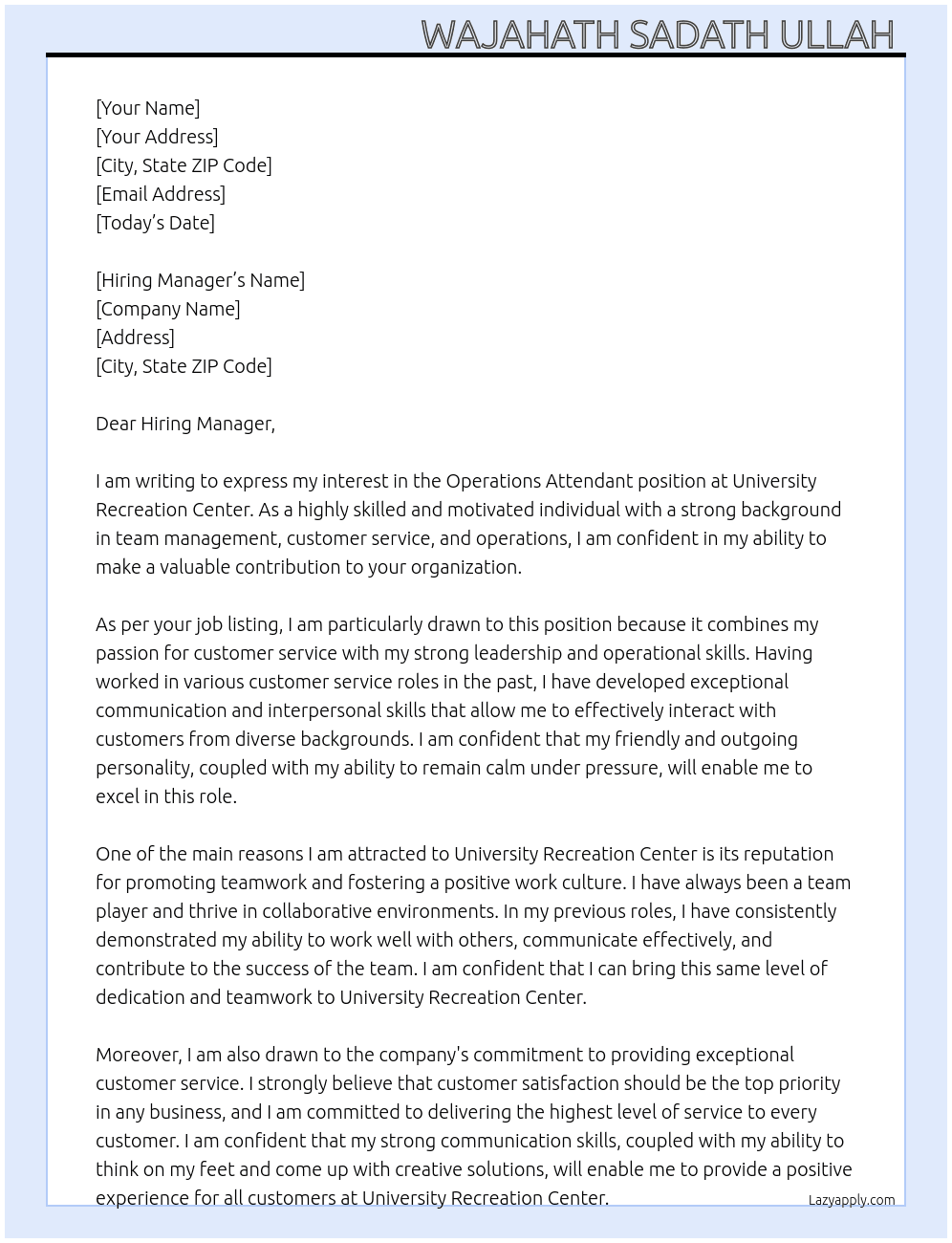 Operations attendant At University Recreation center  Cover Letter
