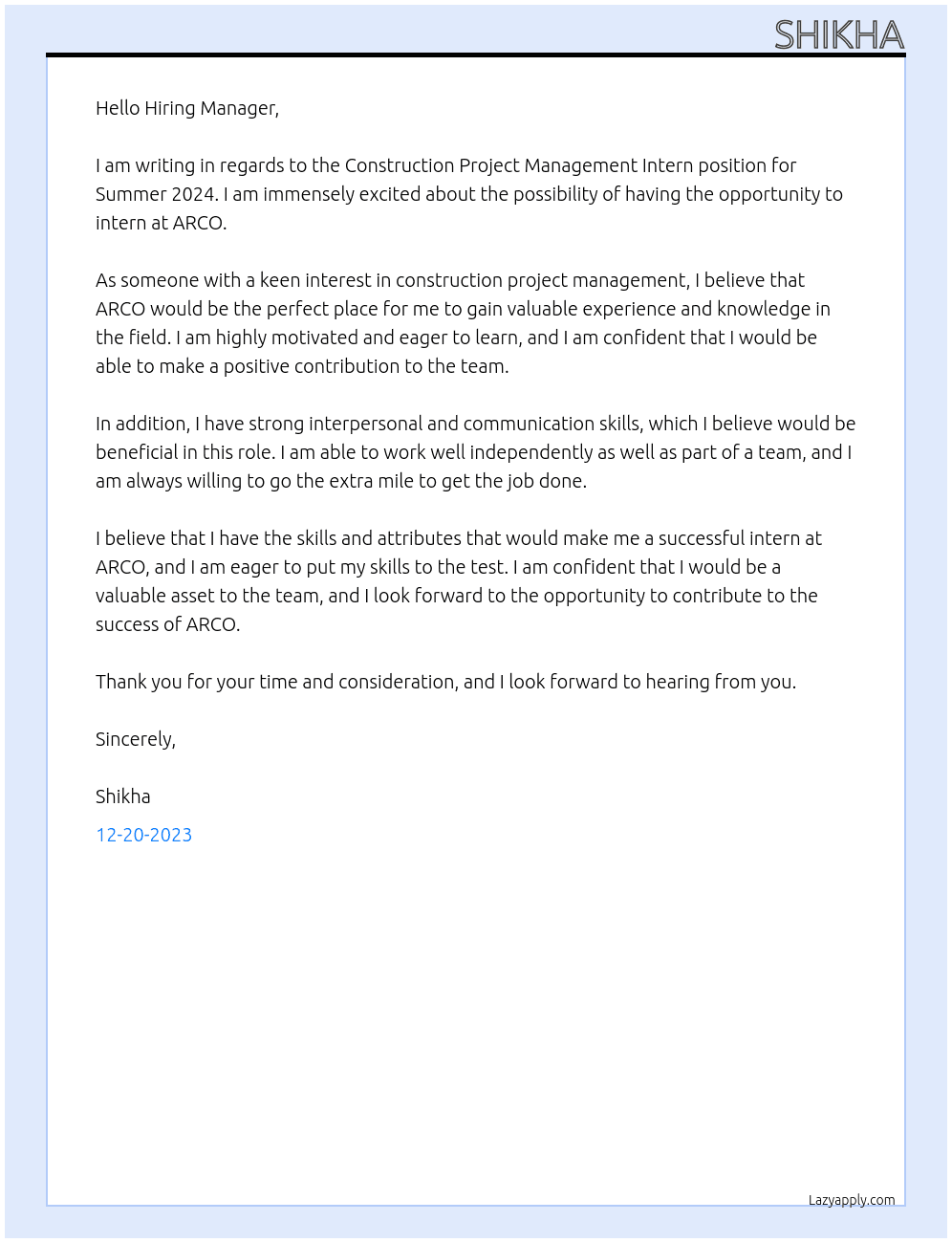Construction Project Management Intern (Summer 2024) At ARCO Cover Letter