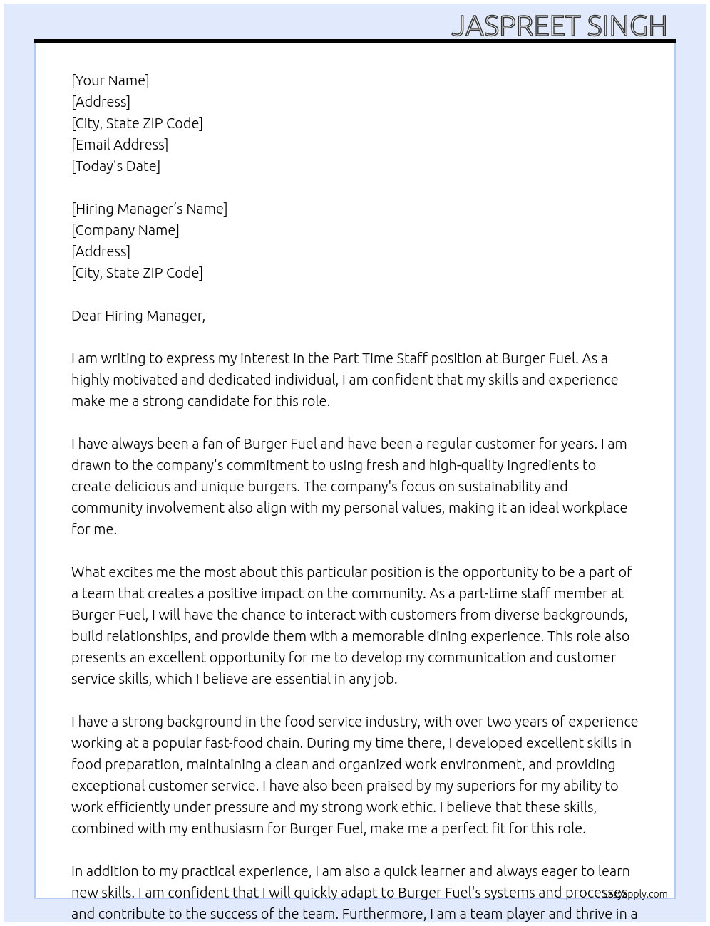Part time staff  At Burger Fuel  Cover Letter