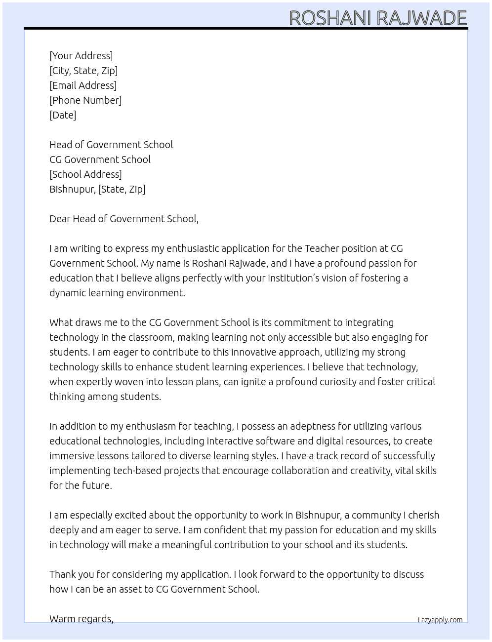 Teacher  At CG Government school  Cover Letter