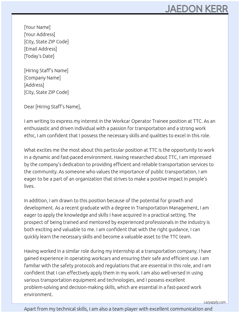 Workcar Operator Trainee At TTC Cover Letter