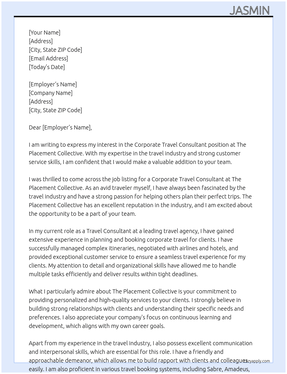 Corporate travel consultant  At The placement collective  Cover Letter