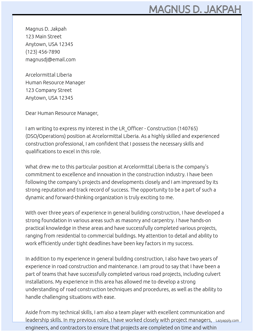 LR_Officer - Construction (140765) (DSO/Operations). At Arcelormittal Liberia Cover Letter