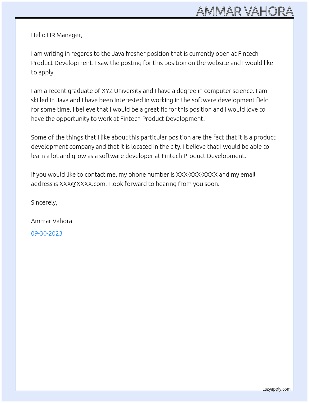 Java fresher At Fintech Product Devlopment Cover Letter