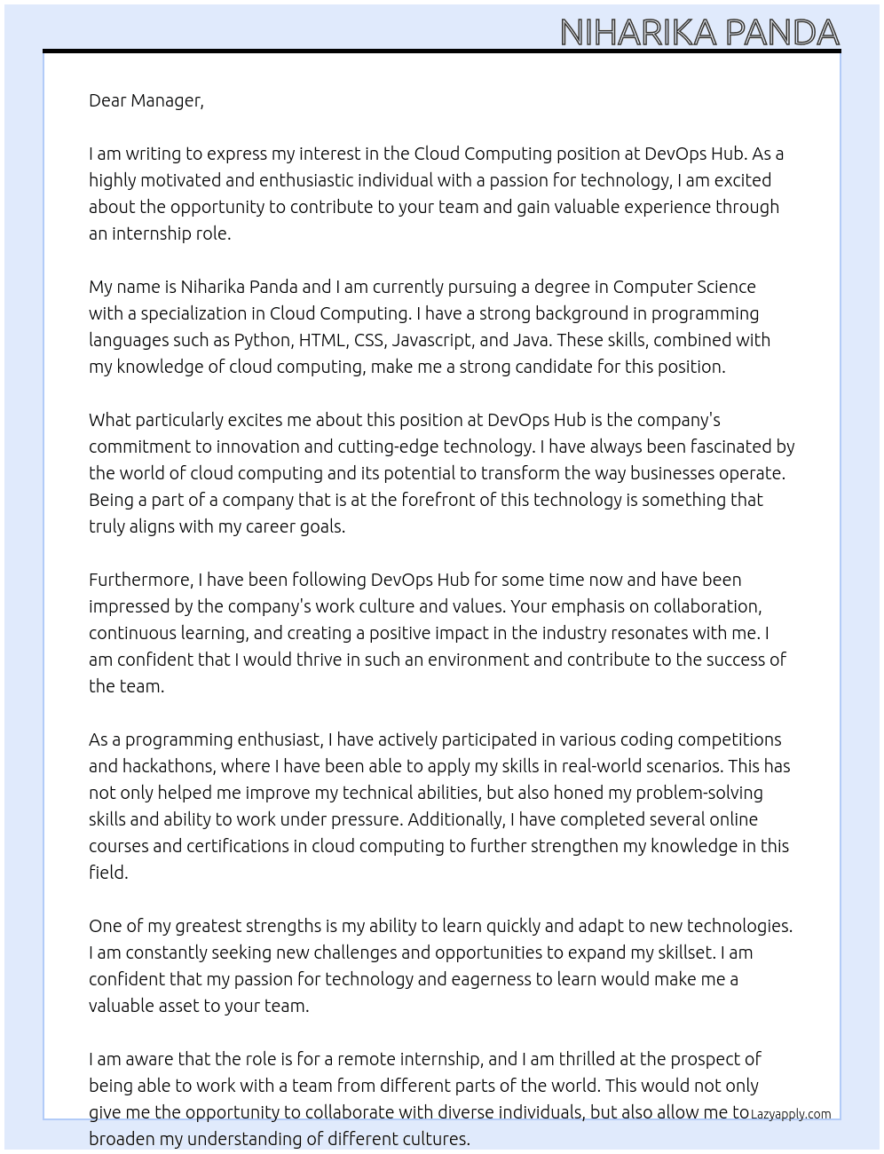 Cloud computing At devops Hub Cover Letter