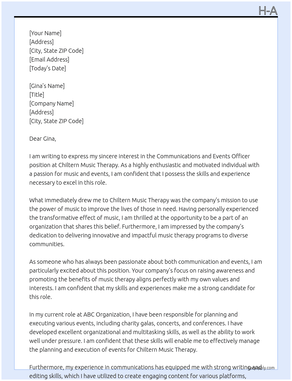 Communications and events officer At Chiltern Music Therapy Cover Letter