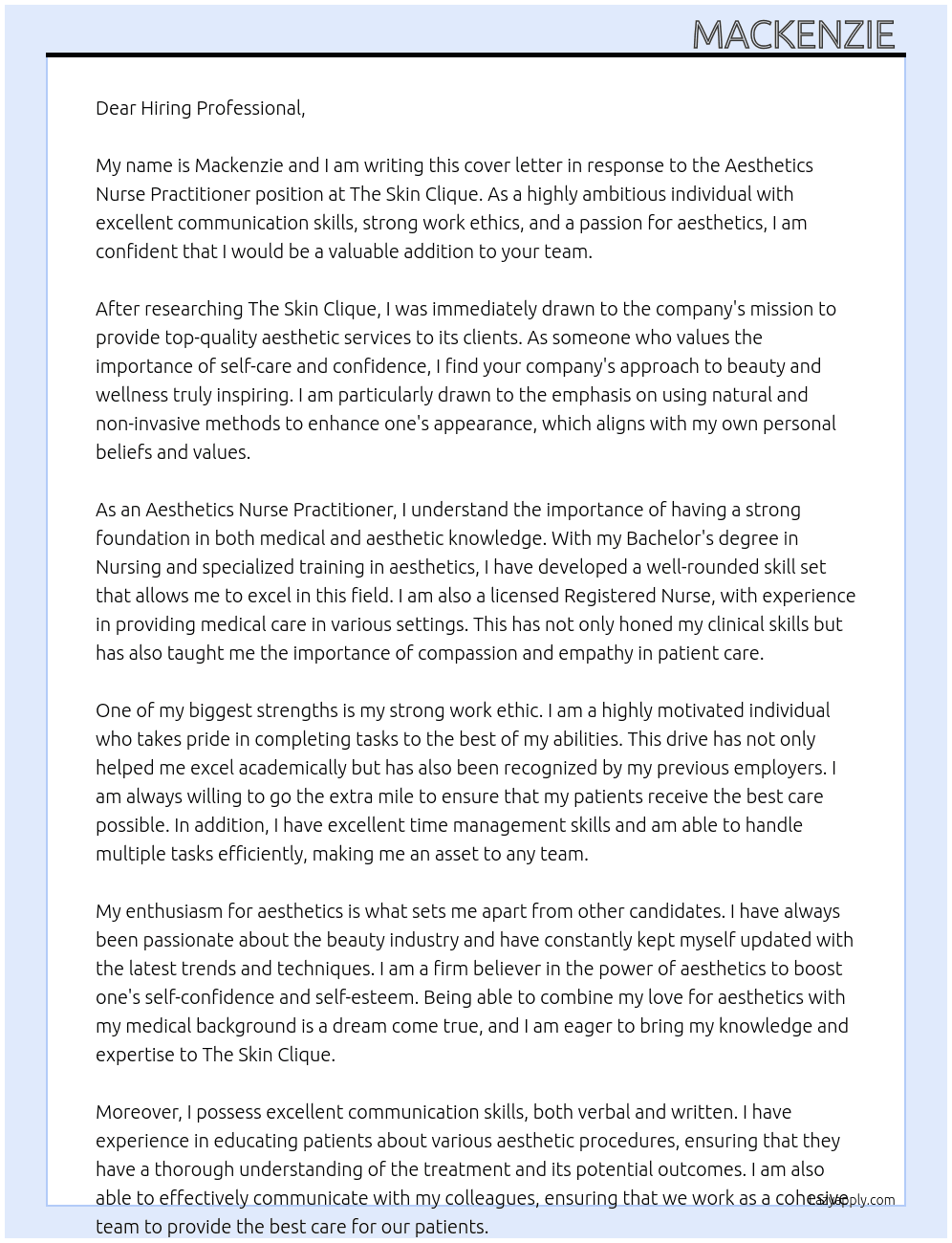 Aesthetics Nurse Practitoner At The Skin Clique  Cover Letter