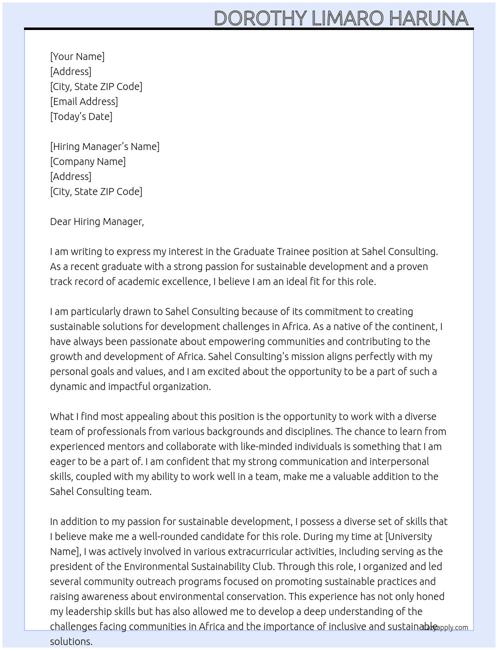 Graduate Trainee At Sahel Consulting  Cover Letter