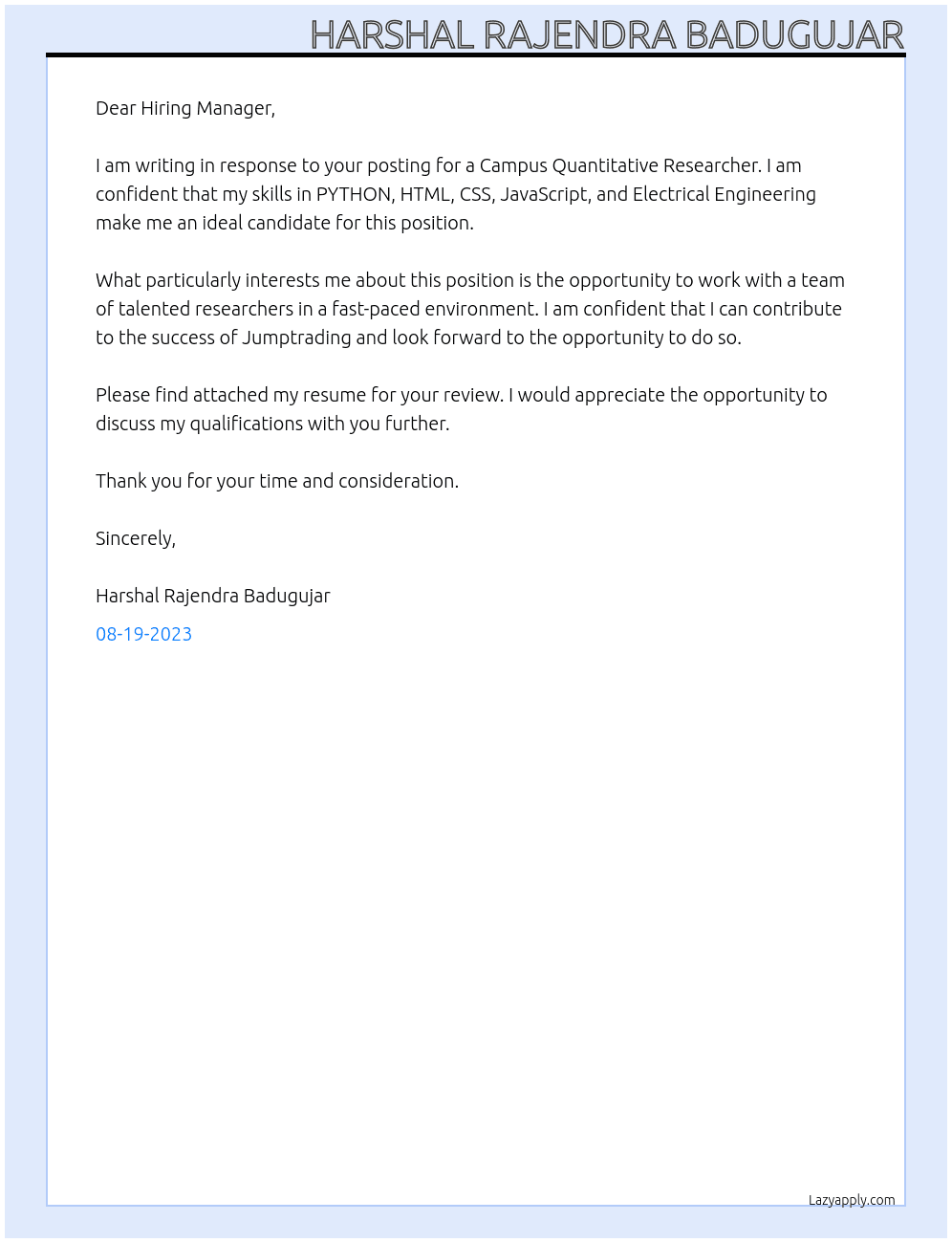 Campus Quantitative Researcher At Jumptrading Cover Letter