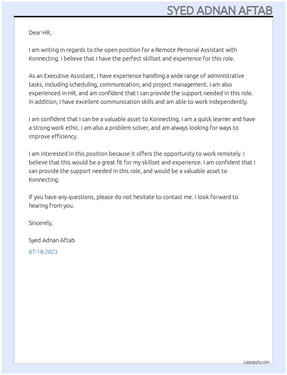 Remote Personal Assistance At Konnecting Cover Letter
