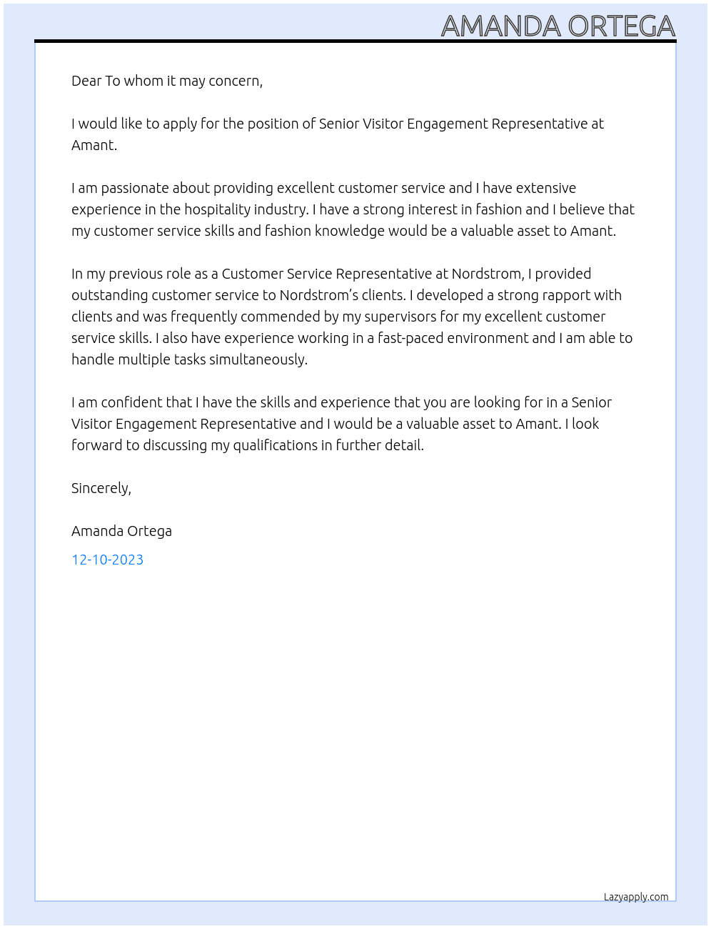 Senior Visitor Engagement Representative At Amant Cover Letter