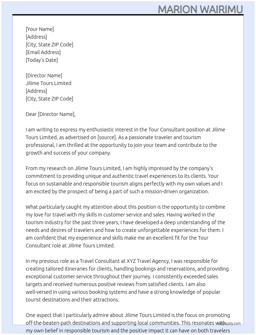 tour consultant At jilime tours limited Cover Letter