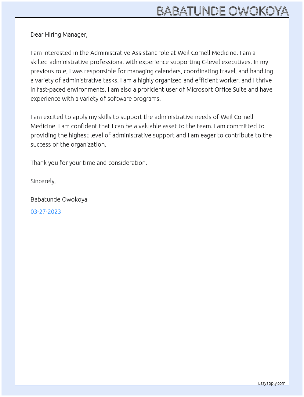 Administrative Assistant  At Weil Cornell Medicine  Cover Letter