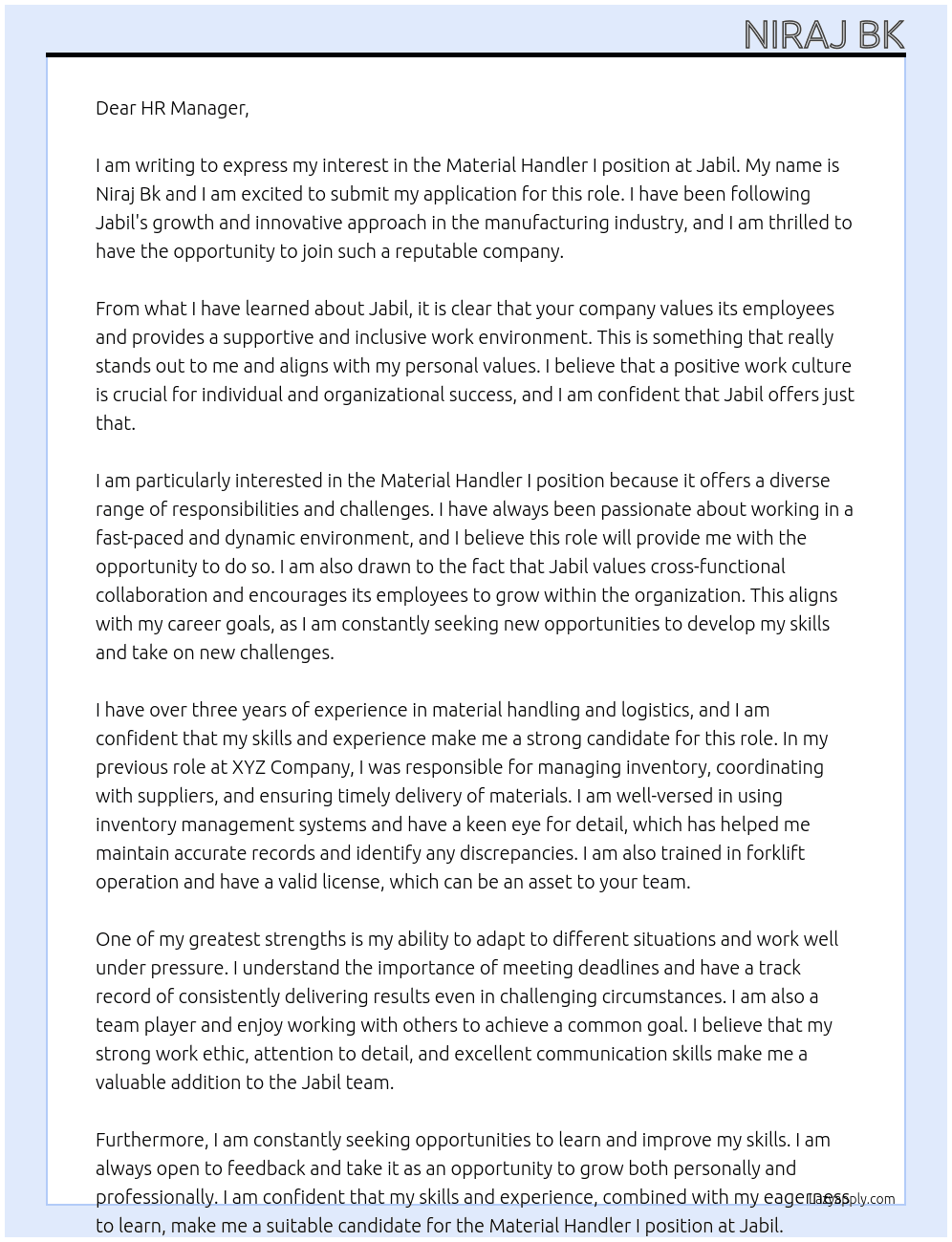Material handler I At Jabil Cover Letter