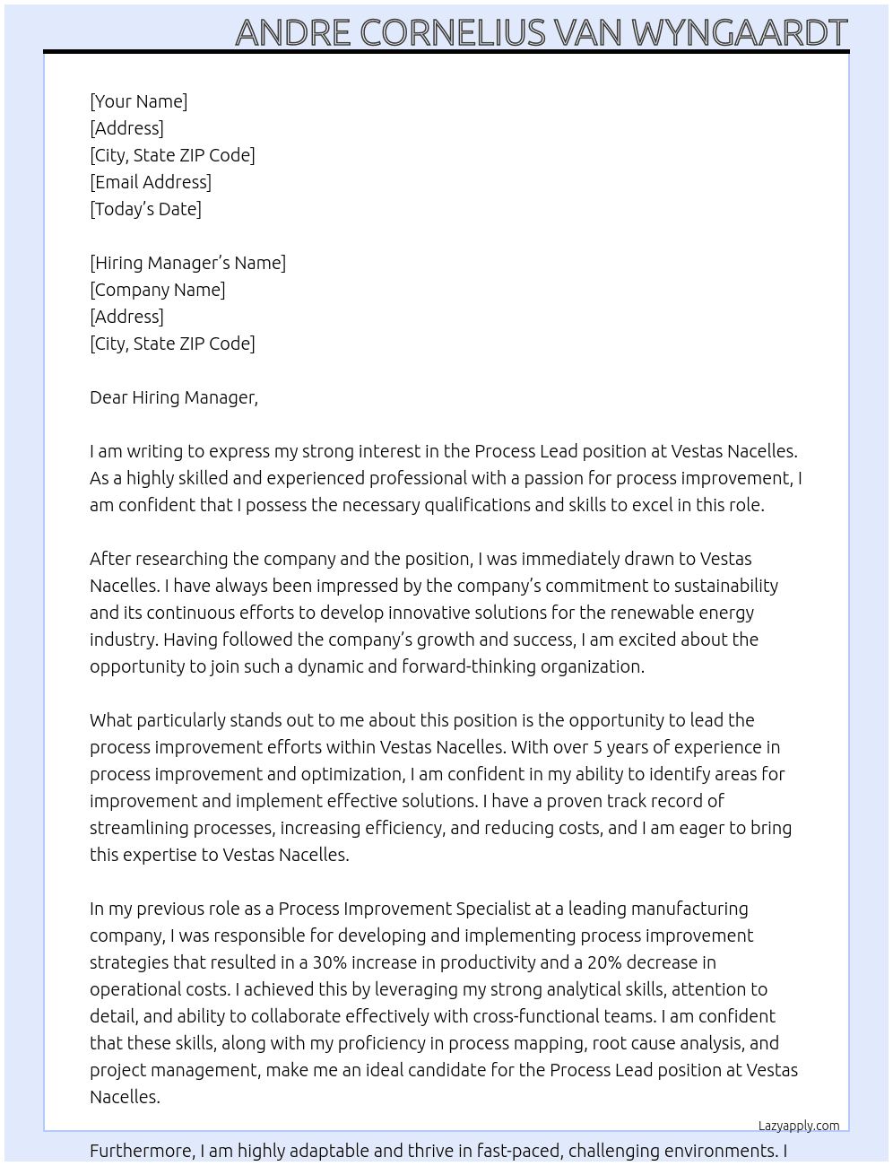 Process Lead At Vestas Nacelles Cover Letter