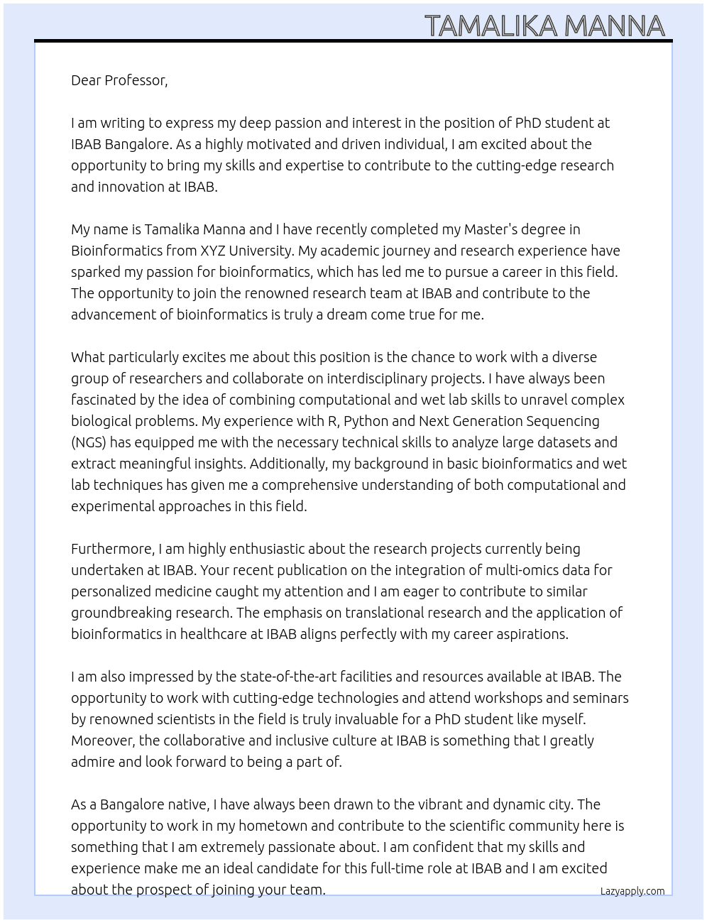 PhD student  At IBAB bangalore  Cover Letter