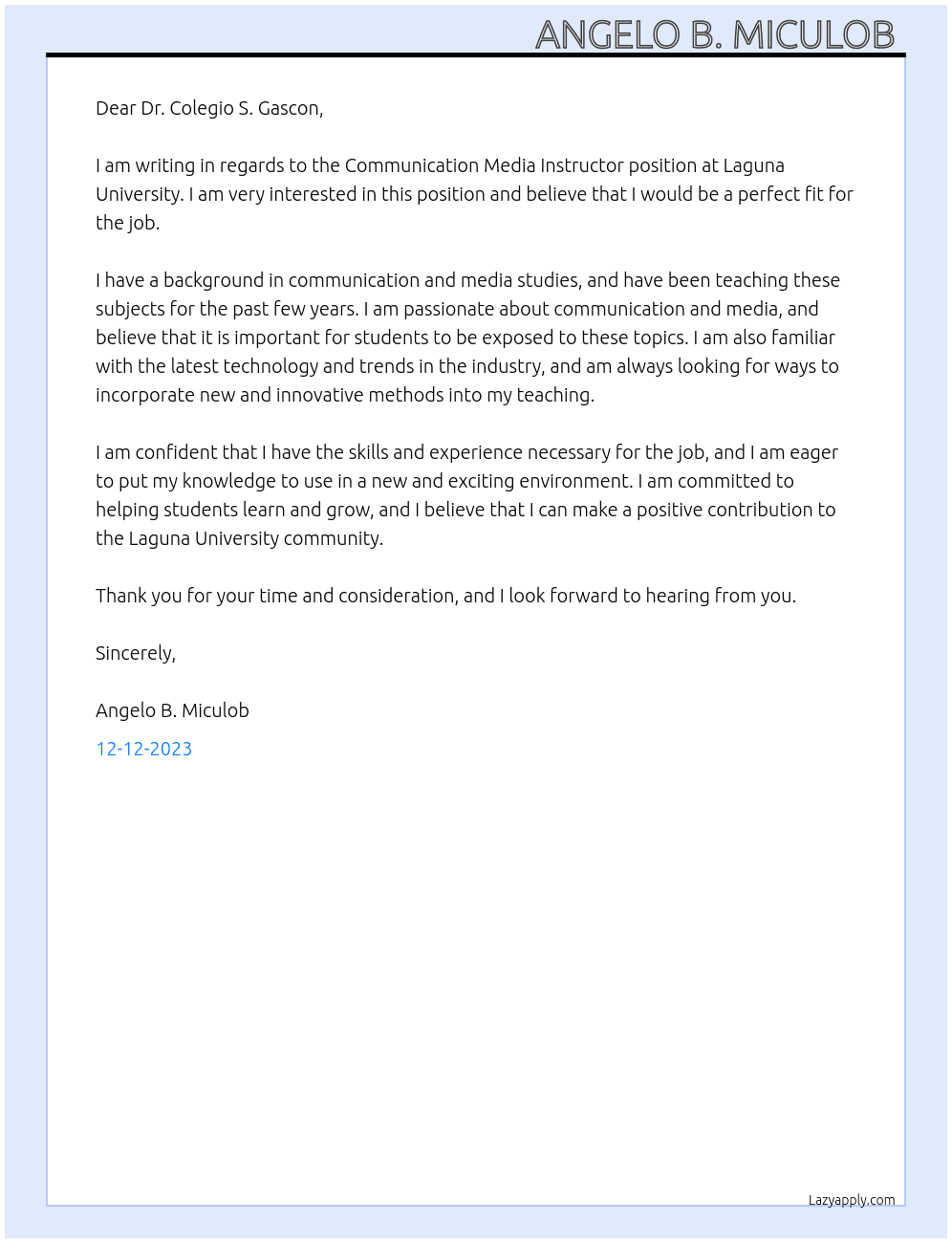 Communication Media Instructor  At Laguna University Cover Letter