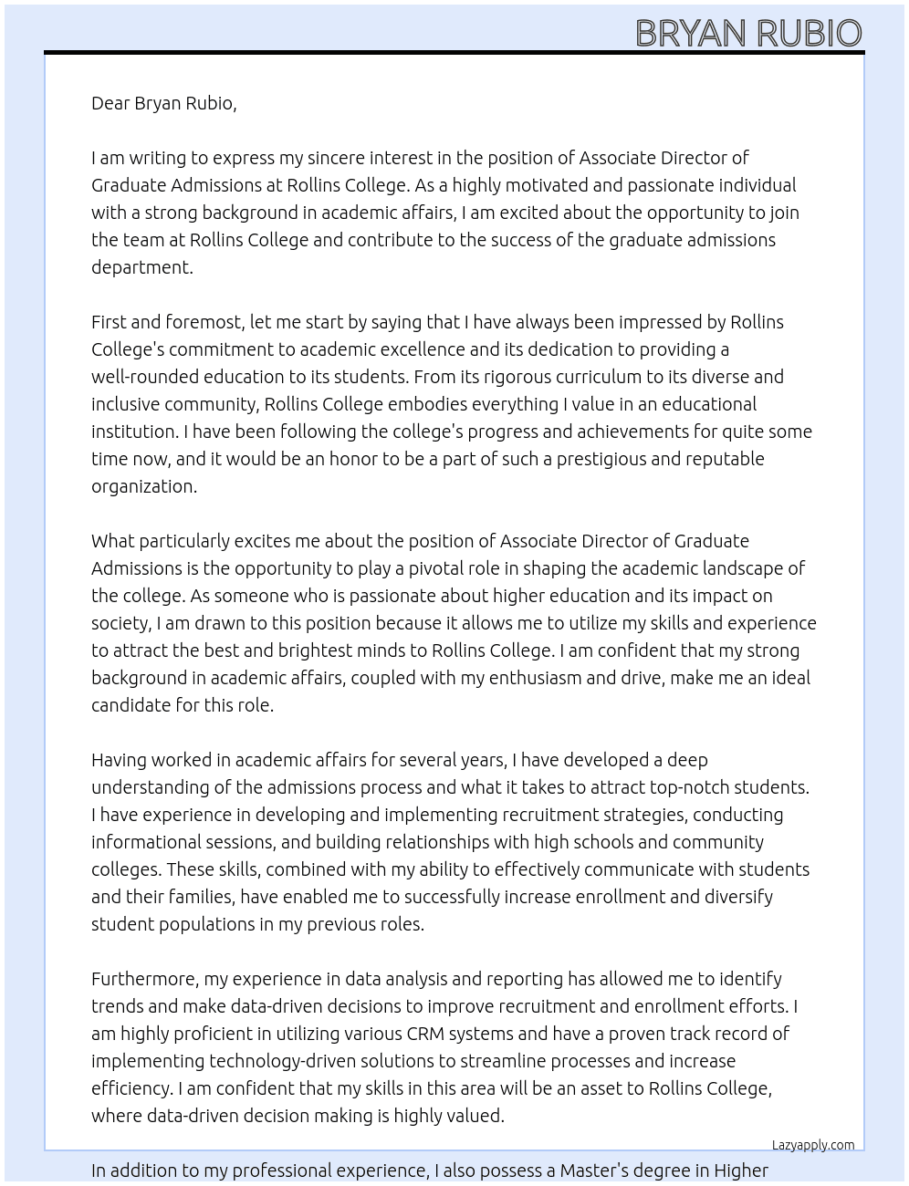 Associate Director of Graduate Admission At Rollins College Cover Letter