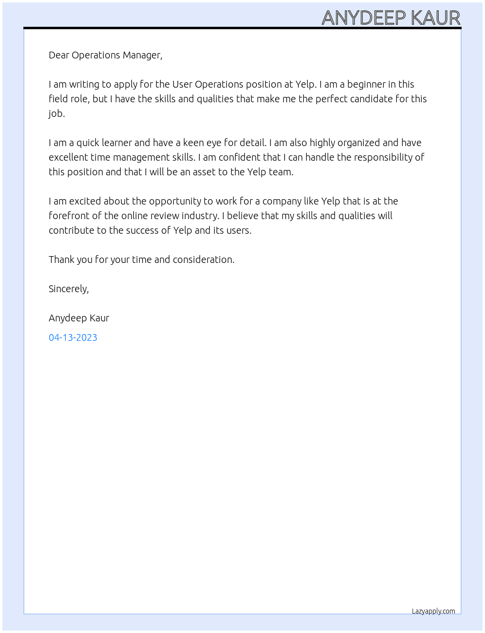 User Operations At Yelp Cover Letter