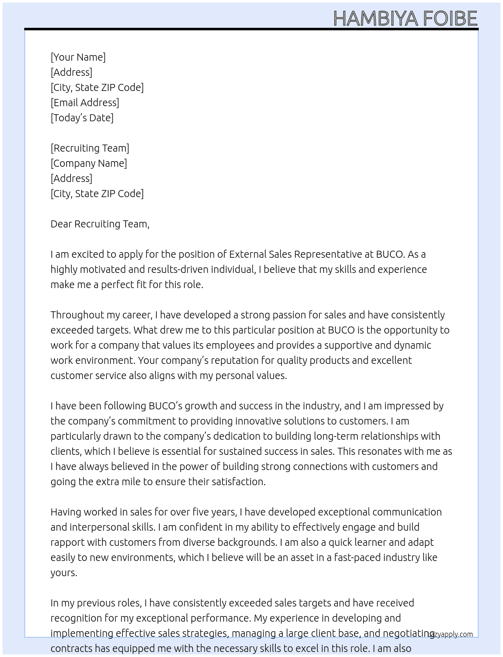 Èxternal salez representative  At BUCO Cover Letter