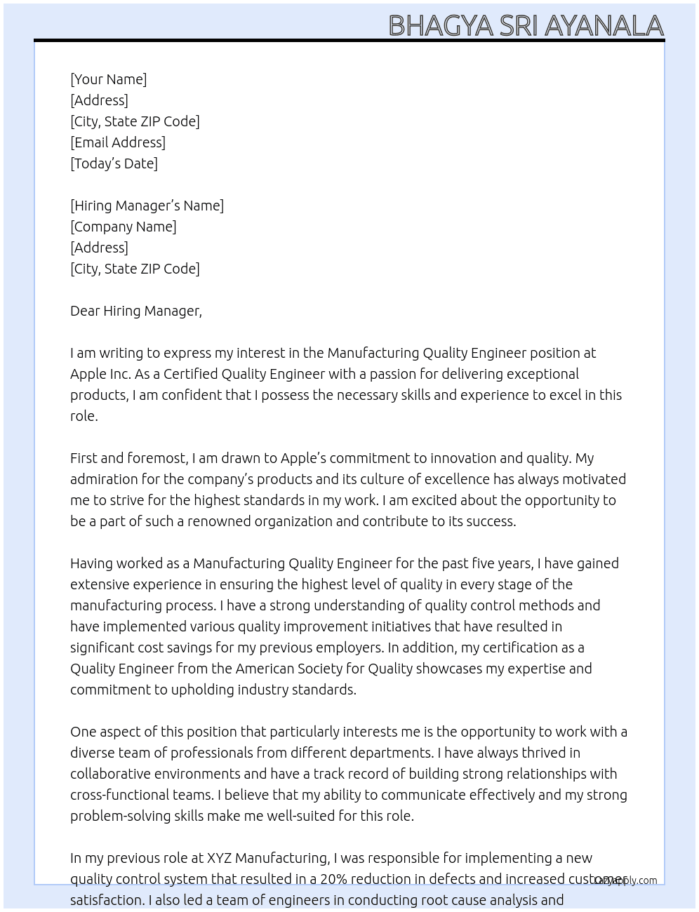 Manufacturing Quality Engineer At Apple Inc Cover Letter