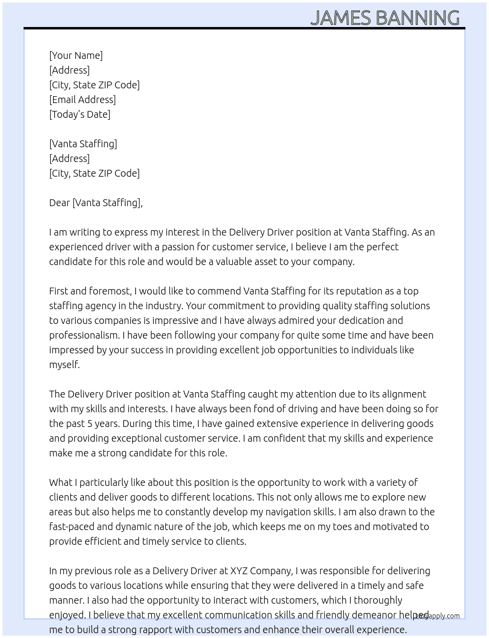 Delivery driver  At Vanta staffing  Cover Letter