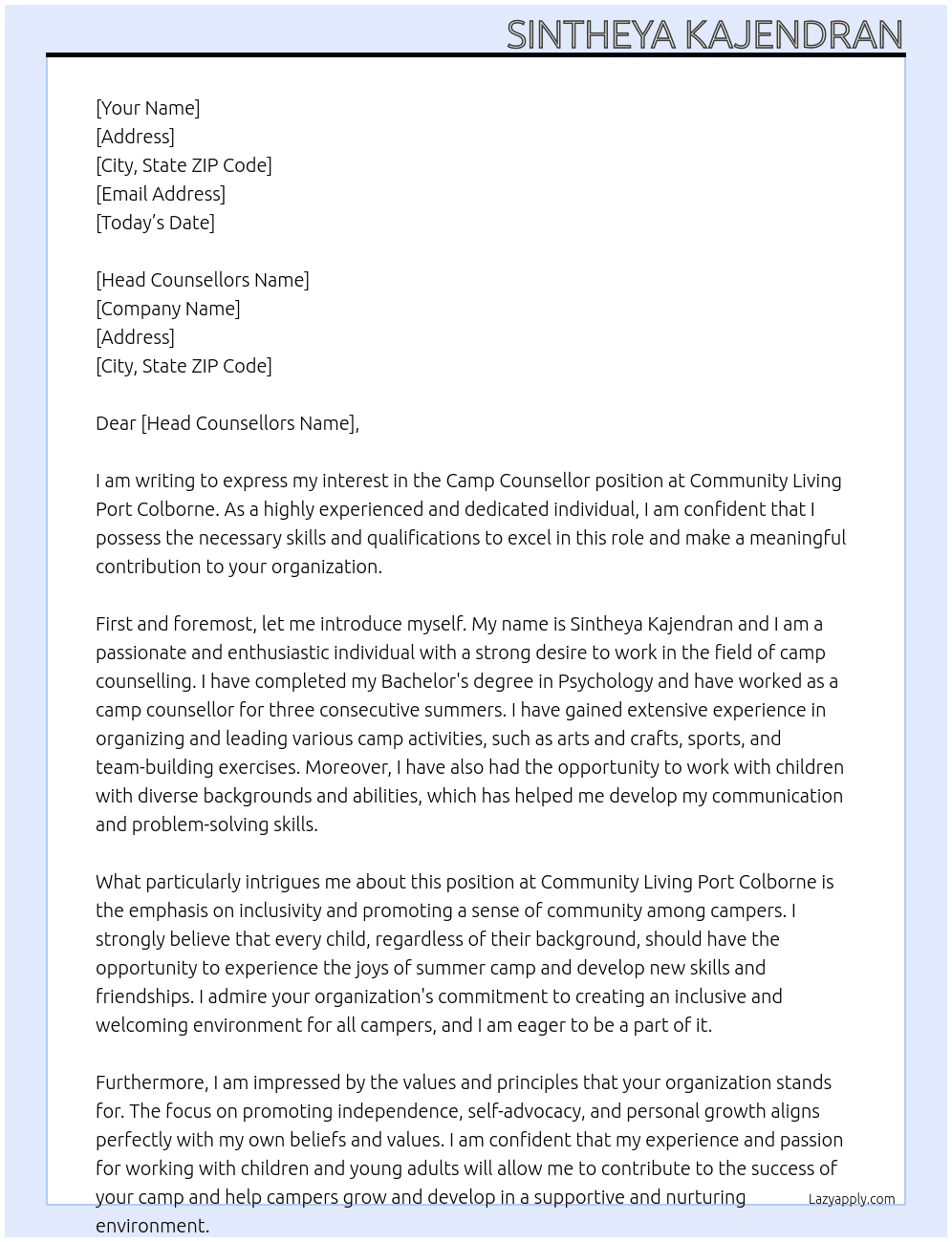Camp Councilor  At Community Living Port Colborne Cover Letter