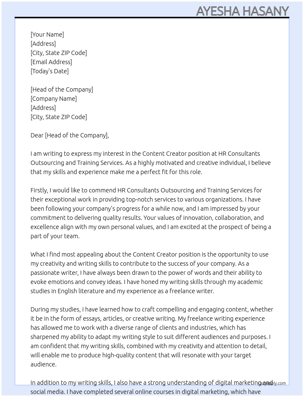 content creator At HR Consultants Outsourcing and Training Services Cover Letter