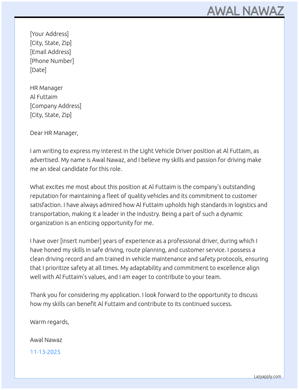 Light vehicle driver At Al Futtaim Cover Letter