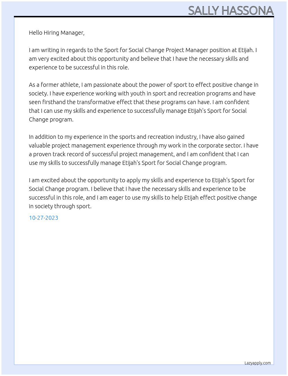 Sport for social change project manager At Etijah Cover Letter