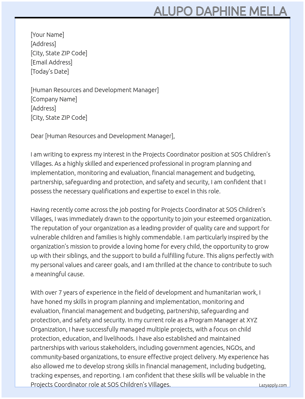 Projects Coordinator  At SOS Children's Villages  Cover Letter