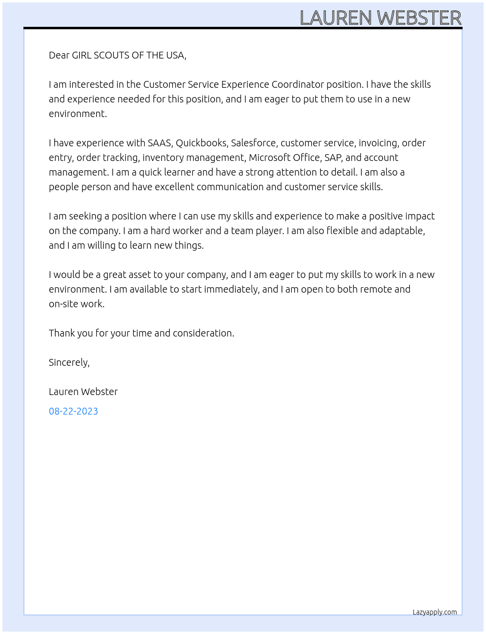 Customer Service Experience Coordinator At GIRL SCOUTS OF THE USA Cover Letter