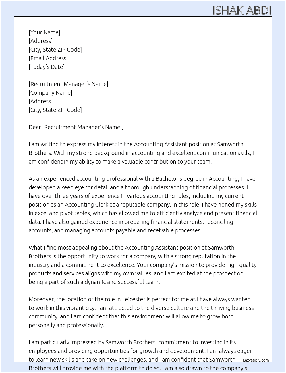 Accounting Assistant At Samworth Brothers Cover Letter