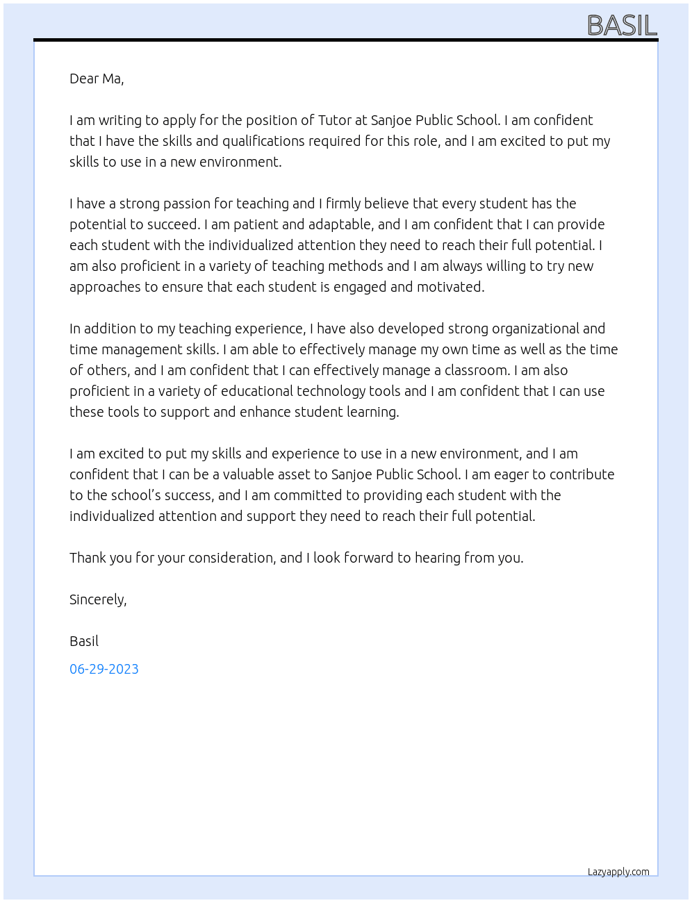 Tutor  At Sanjoe public school  Cover Letter